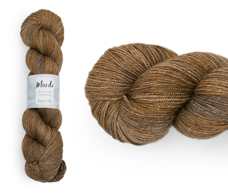 Hand-dyed, 20% yak / 20% silk / 60% superwash merino yarn. Colourway: Caramel Slice. 4ply, 100g skeins/approx 365m. A luxurious yarn spun from exotic fibres. This yarn is silky and drapey so it works very well for shawls but can also be used for that special garment. 