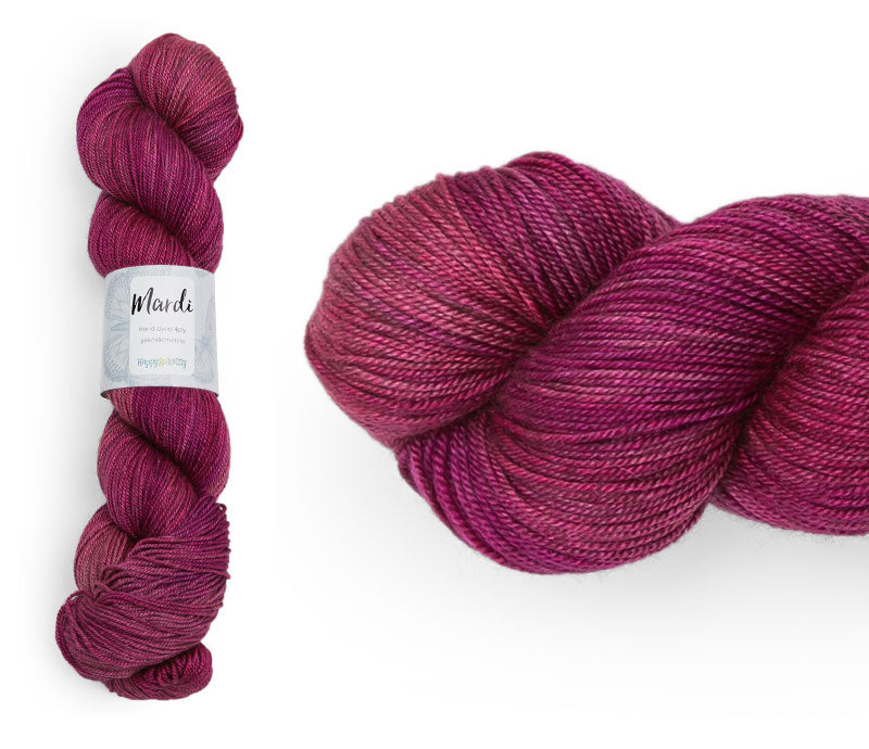 Hand-dyed, 20% yak / 20% silk / 60% superwash merino yarn. Colourway: Forever. 4ply, 100g skeins/approx 365m. A luxurious yarn spun from exotic fibres. This yarn is silky and drapey so it works very well for shawls but can also be used for that special garment. 