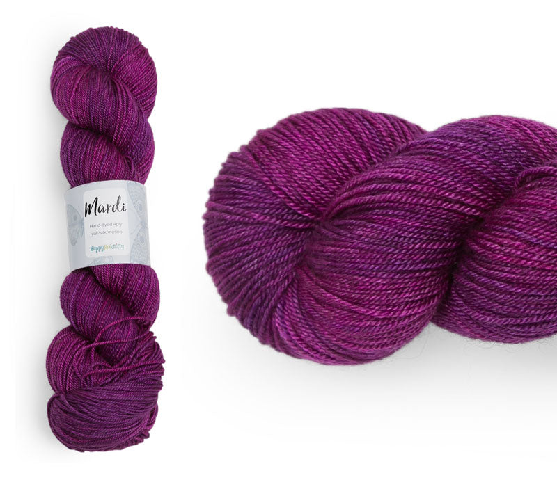 Hand-dyed, 20% yak / 20% silk / 60% superwash merino yarn. Colourway: Fuchsia Blossom. 4ply, 100g skeins/approx 365m. A luxurious yarn spun from exotic fibres. This yarn is silky and drapey so it works very well for shawls but can also be used for that special garment. 