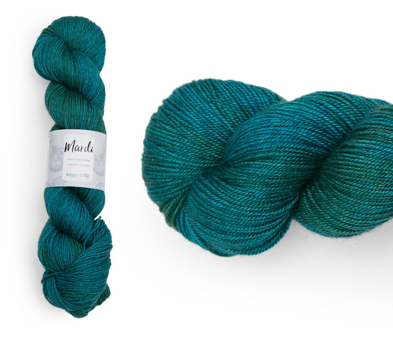 Hand-dyed, 20% yak / 20% silk / 60% superwash merino yarn. Colourway: Hauraki Gulf. 4ply, 100g skeins/approx 365m. A luxurious yarn spun from exotic fibres. This yarn is silky and drapey so it works very well for shawls but can also be used for that special garment. 