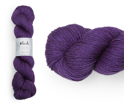 Hand-dyed, 20% yak / 20% silk / 60% superwash merino yarn. Colourway: Hebe. 4ply, 100g skeins/approx 365m. A luxurious yarn spun from exotic fibres. This yarn is silky and drapey so it works very well for shawls but can also be used for that special garment. 