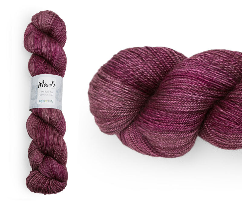 Hand-dyed, 20% yak / 20% silk / 60% superwash merino yarn. Colourway: Love Heart. 4ply, 100g skeins/approx 365m. A luxurious yarn spun from exotic fibres. This yarn is silky and drapey so it works very well for shawls but can also be used for that special garment. 