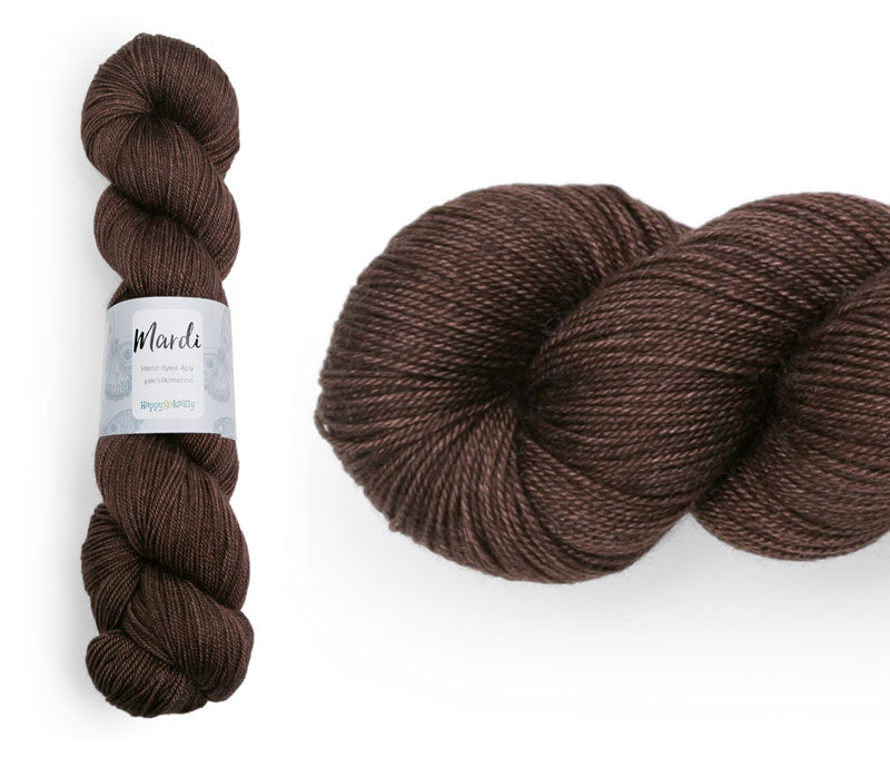 Hand-dyed, 20% yak / 20% silk / 60% superwash merino yarn. Colourway: Melting Chocolate. 4ply, 100g skeins/approx 365m. A luxurious yarn spun from exotic fibres. This yarn is silky and drapey so it works very well for shawls but can also be used for that special garment. 