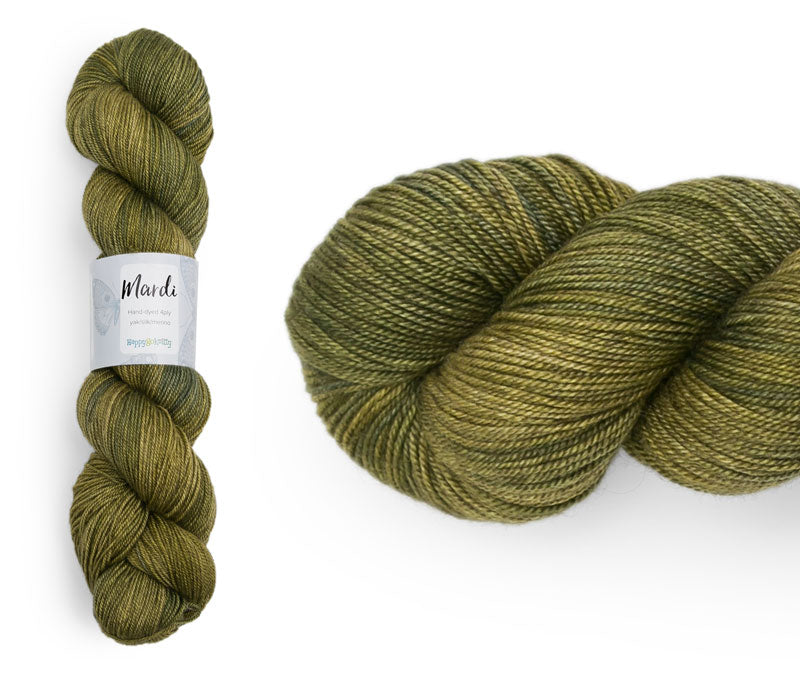 Hand-dyed, 20% yak / 20% silk / 60% superwash merino yarn. Colourway: Native Bush. 4ply, 100g skeins/approx 365m. A luxurious yarn spun from exotic fibres. This yarn is silky and drapey so it works very well for shawls but can also be used for that special garment. 